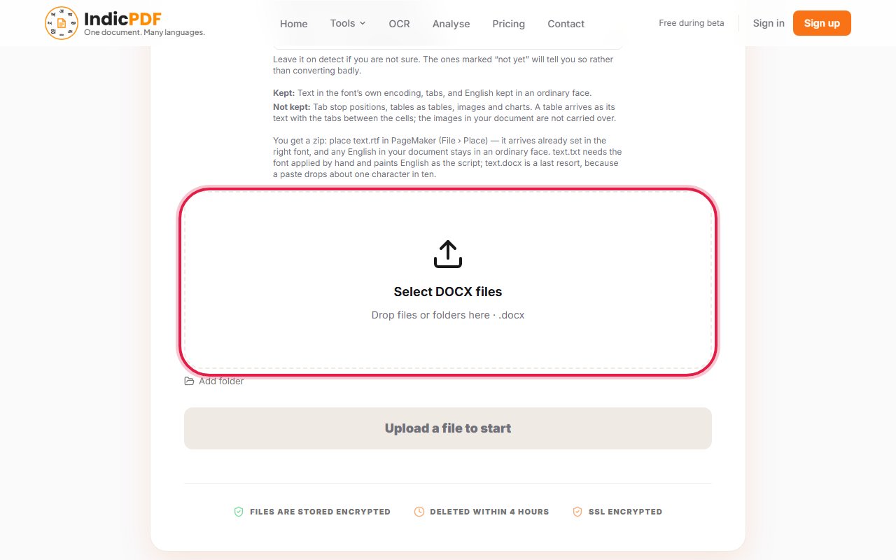 Step 3: Click the upload box (Drop files or folders here) and choose your Word file.
