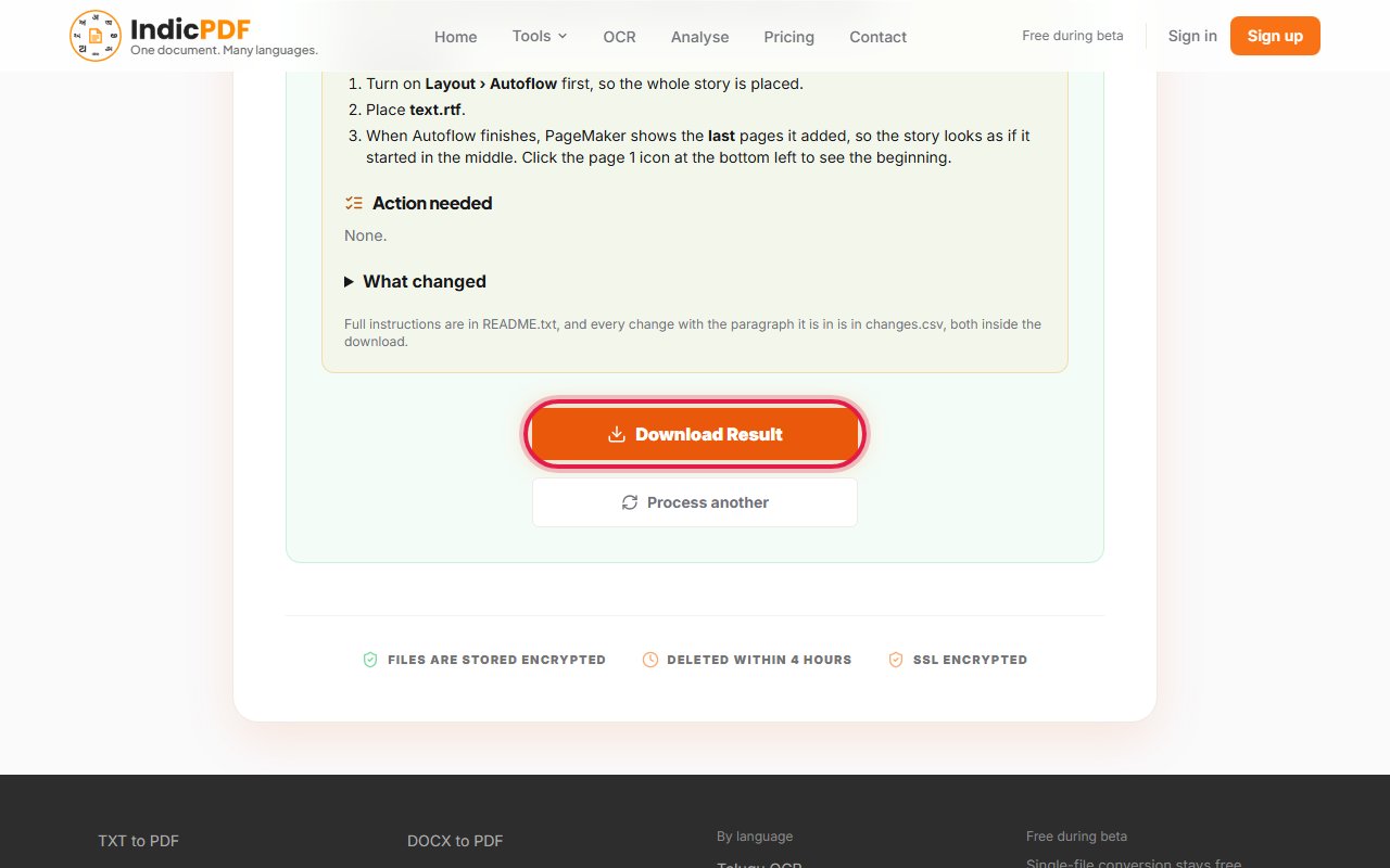 Step 5: Click Download Result. You get a zip file. Open it and find text.rtf.