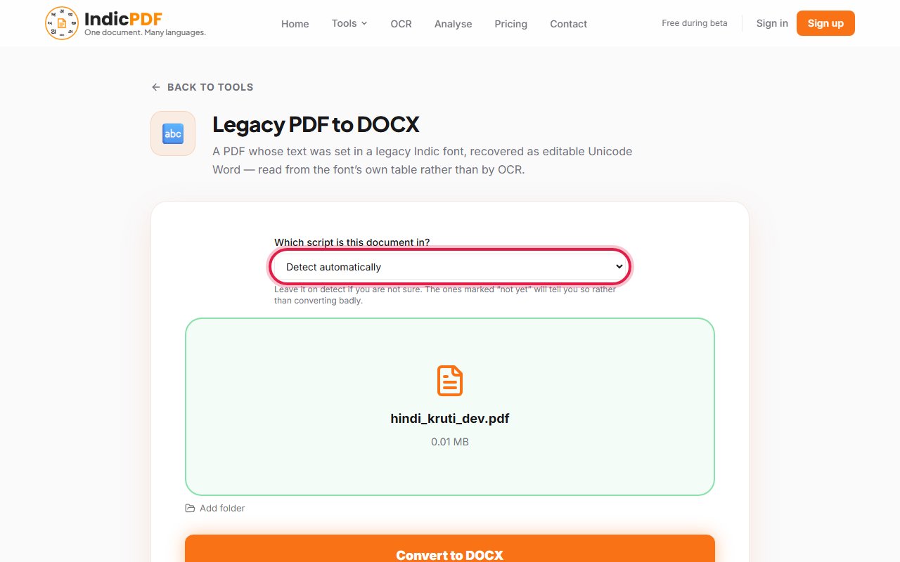 Step 3: Leave Which script is this document in? on Detect automatically. IndicPDF finds the font by itself.