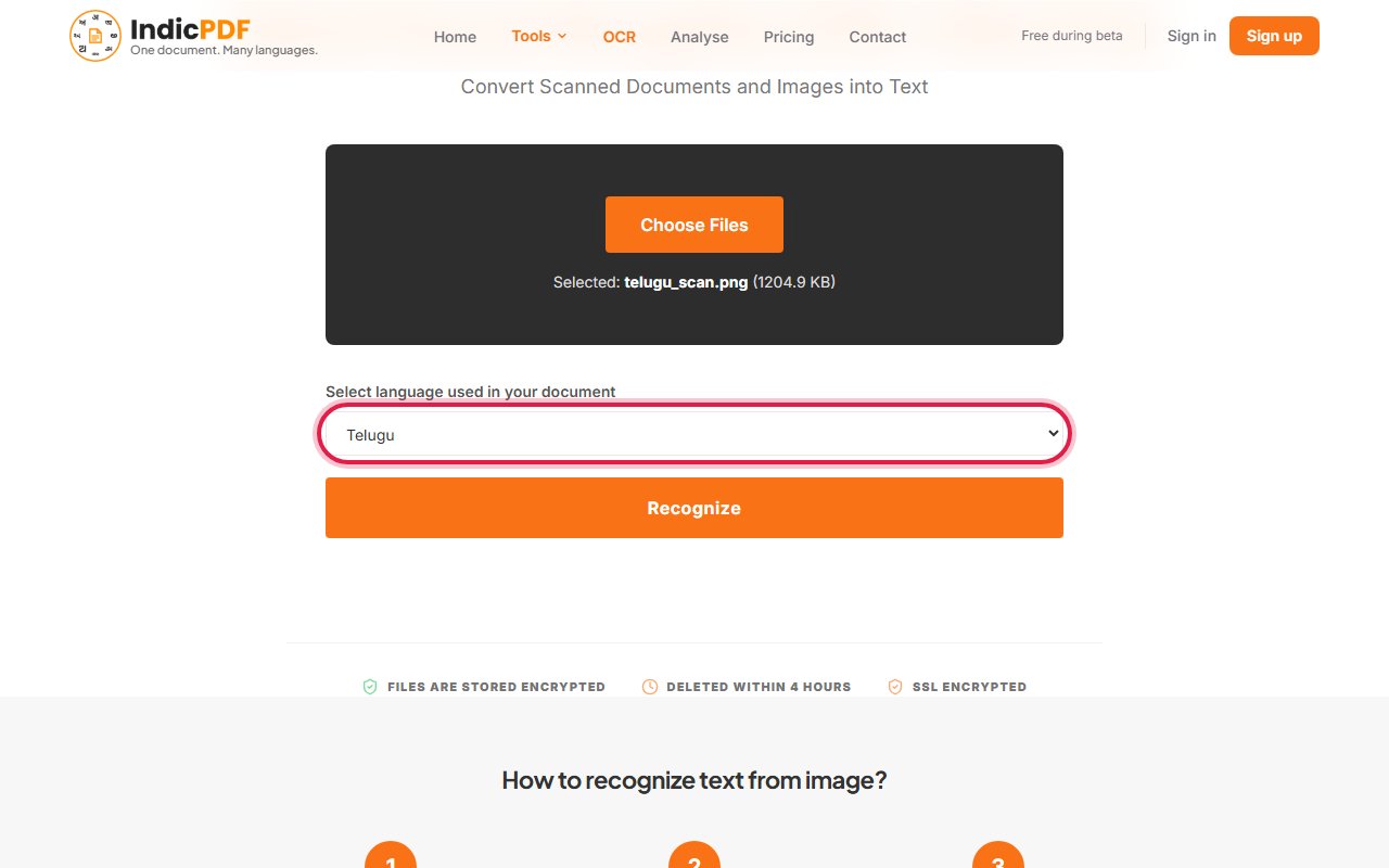 Step 3: Under Select language used in your document, choose the language of the page, for example Telugu.