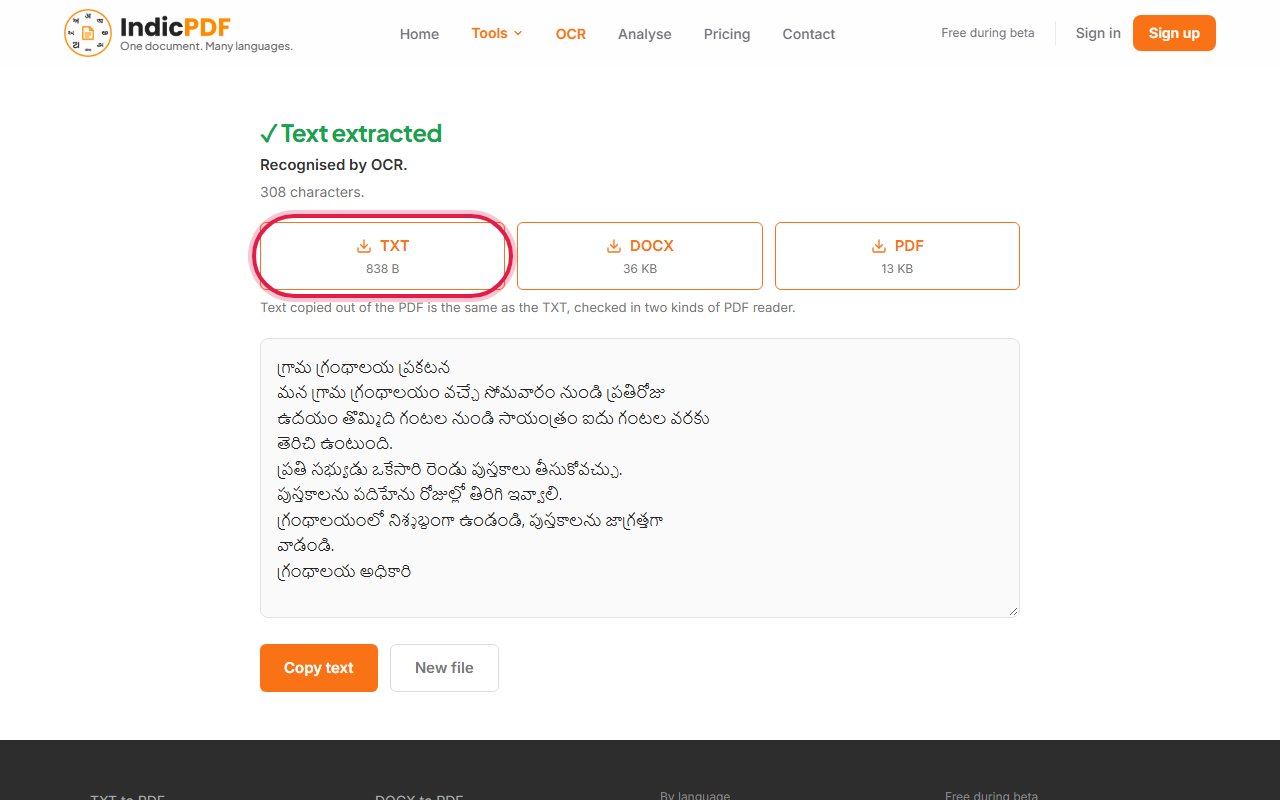 Step 6: When you see Text extracted, download the text as TXT, DOCX or PDF, or click Copy text.