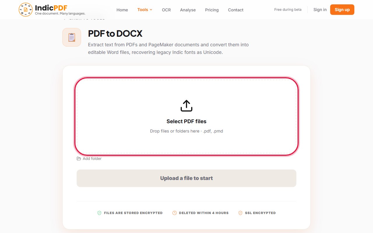 Step 2: Click the upload box (Drop files or folders here) and choose your PDF.
