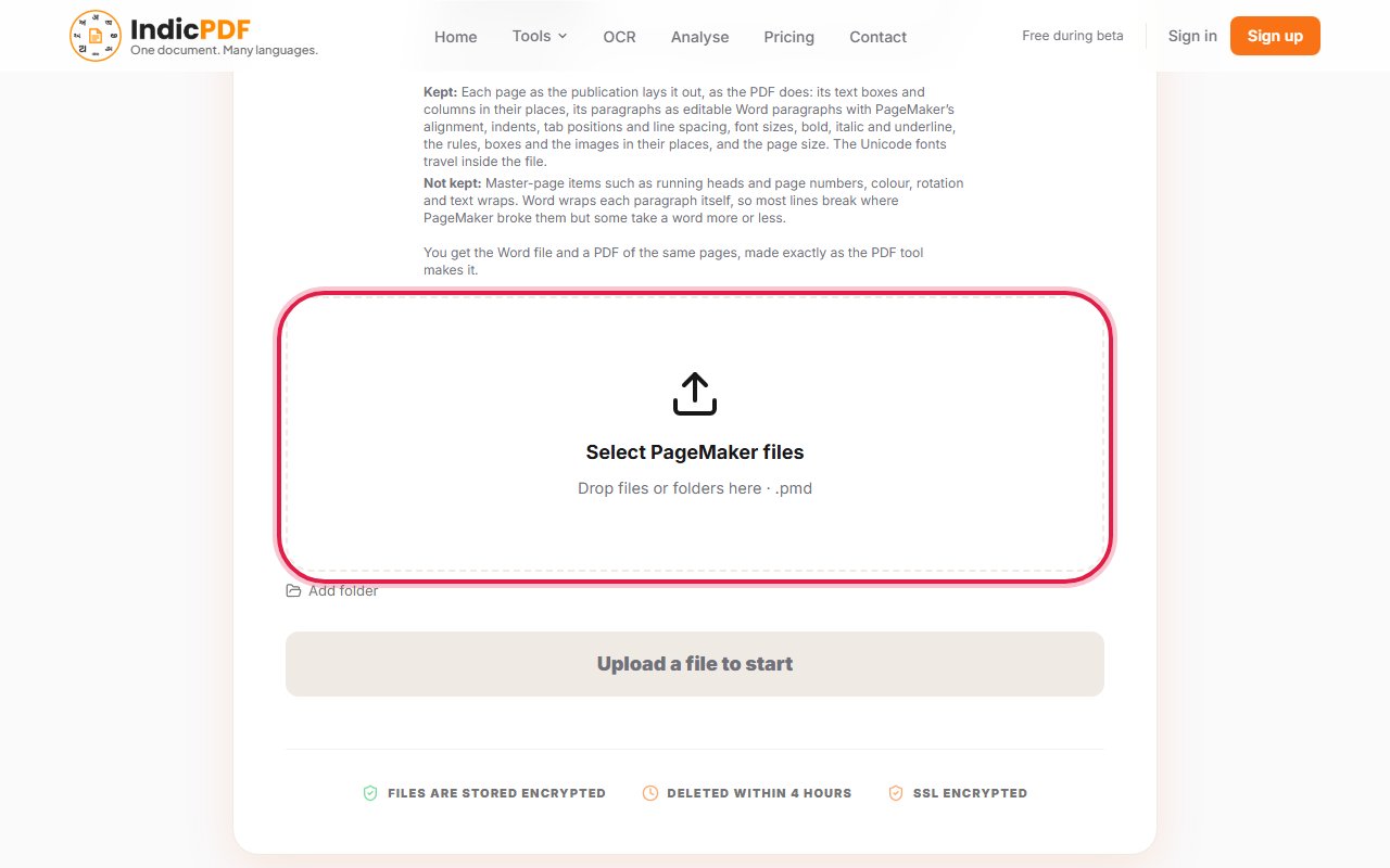 Step 3: Click the upload box (Drop files or folders here) and choose your .pmd file.